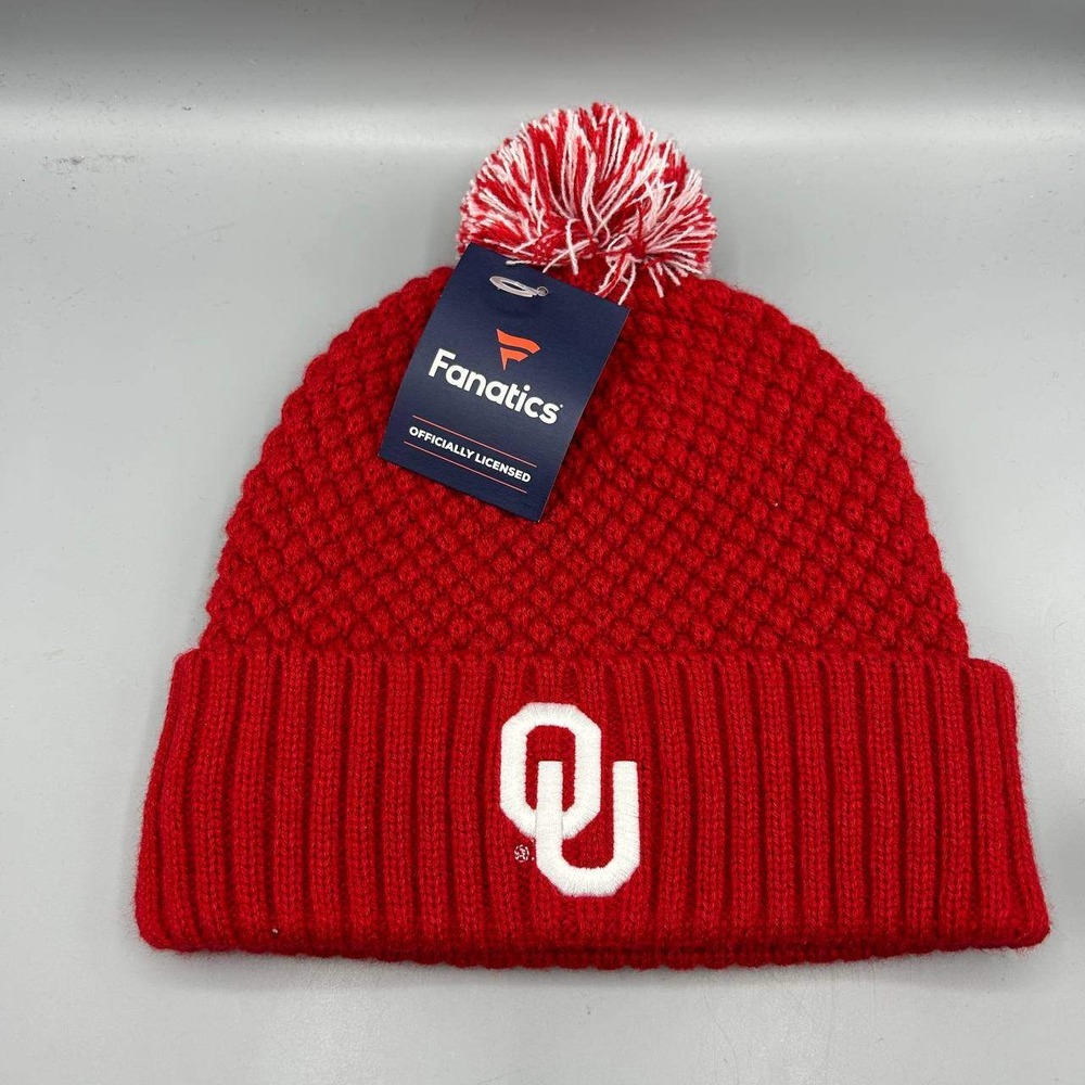 Oklahoma Sooners NCAA Hat Men Red Knit Fanatics Cuffed Beanie Pom Pom Cap New